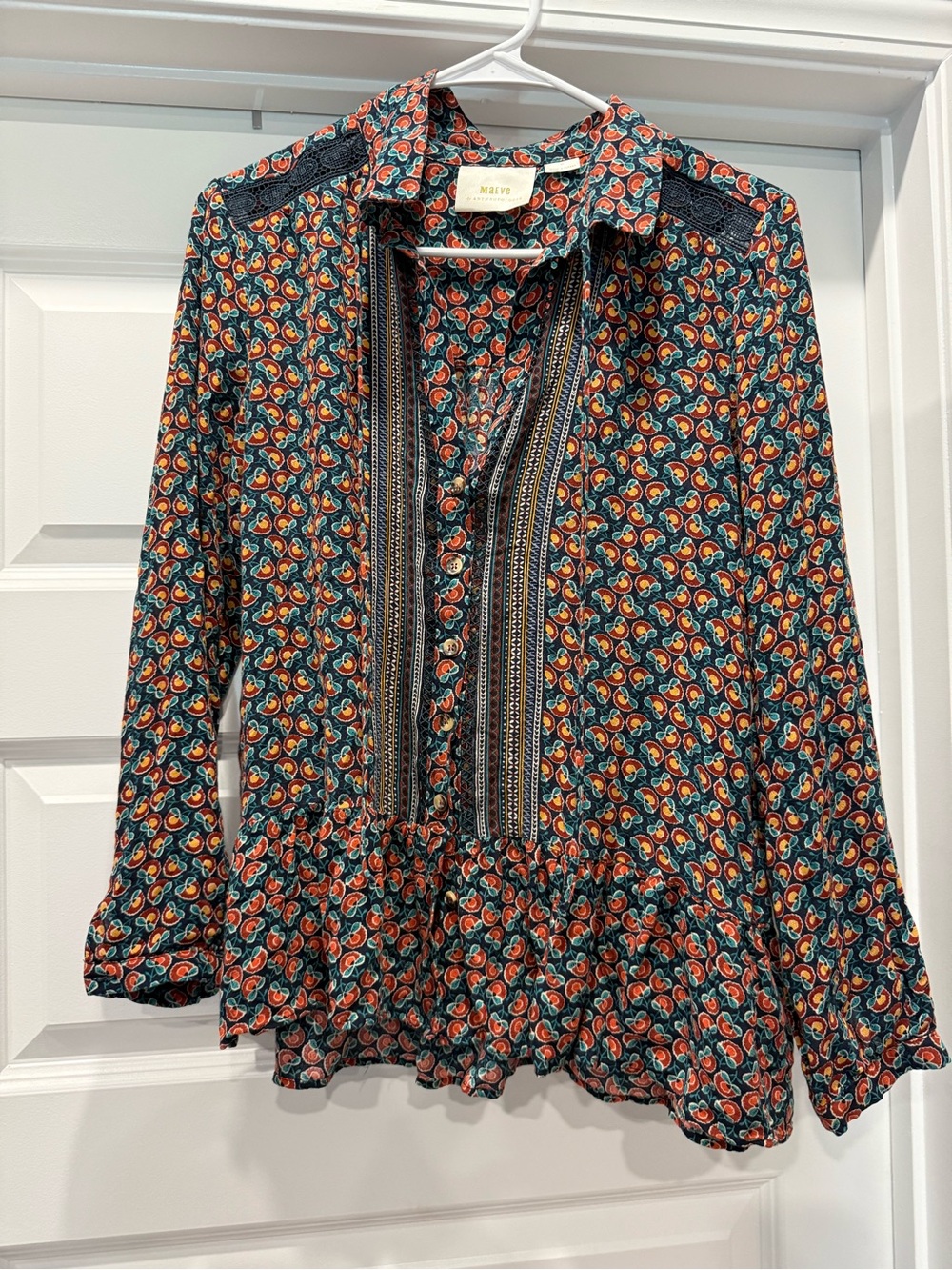 Maeve Teal Multi Paisley Ruffled Peplum Button-Front Blouse